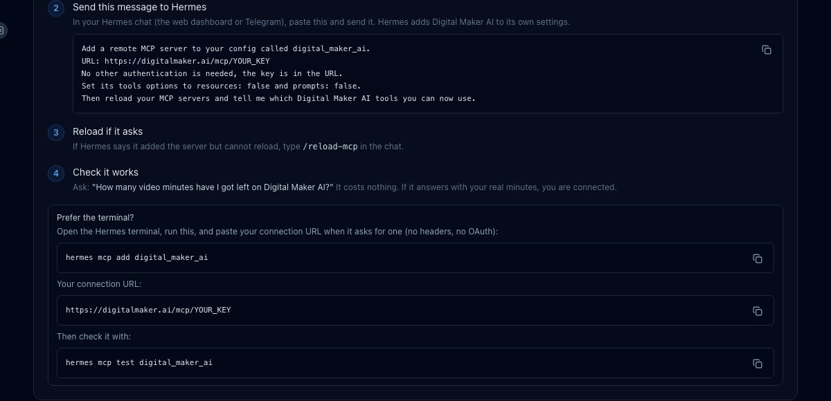 The API tab in Digital Maker AI Account Settings with Hermes Agent selected, showing the ready made message to send to Hermes, the reload-mcp tip and the test question