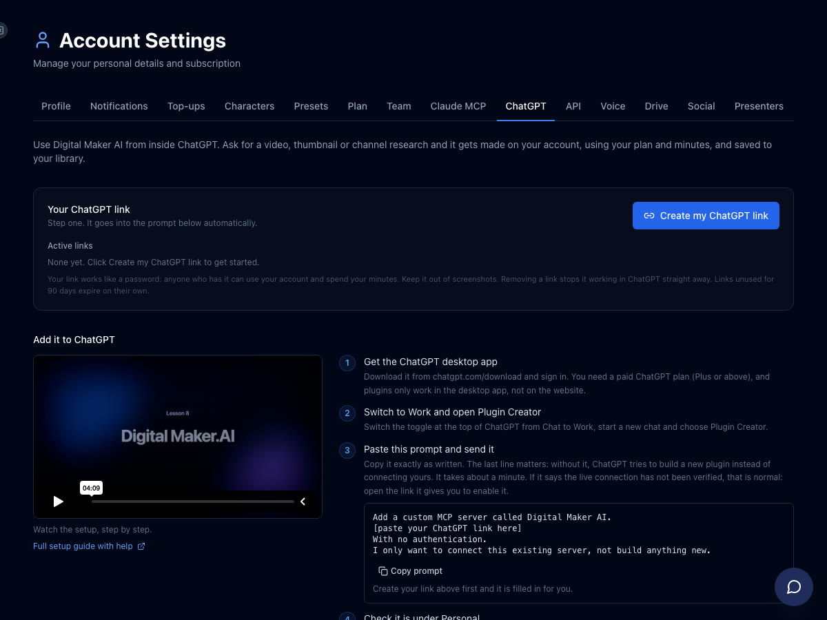 The ChatGPT tab in Digital Maker AI Account Settings showing the Create my ChatGPT link button and numbered setup steps
