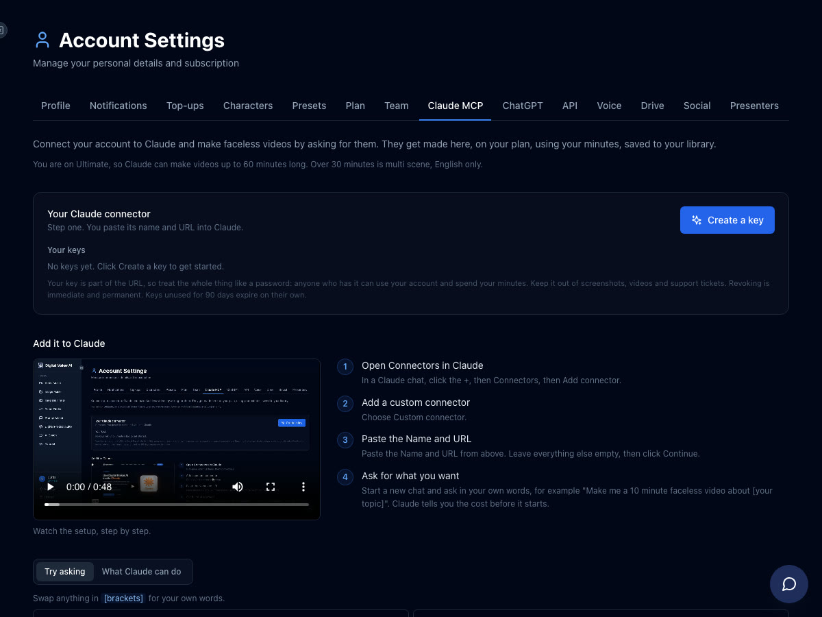The Claude MCP tab in Digital Maker AI Account Settings showing a Create a key button and the four setup steps